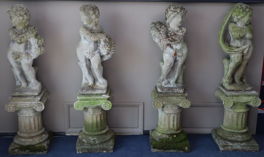 A set of four reconstituted stone garden putto on ionic columns, emblematic of the seasons, H.134cm